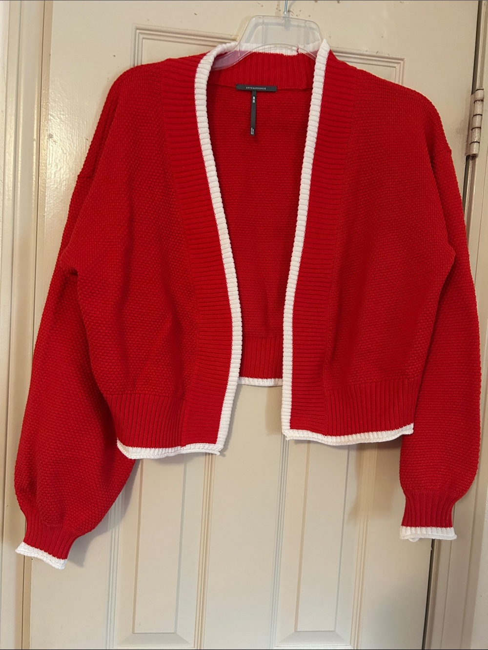 Anthropologie Red Cropped Open-Front Cardigan with White Trim